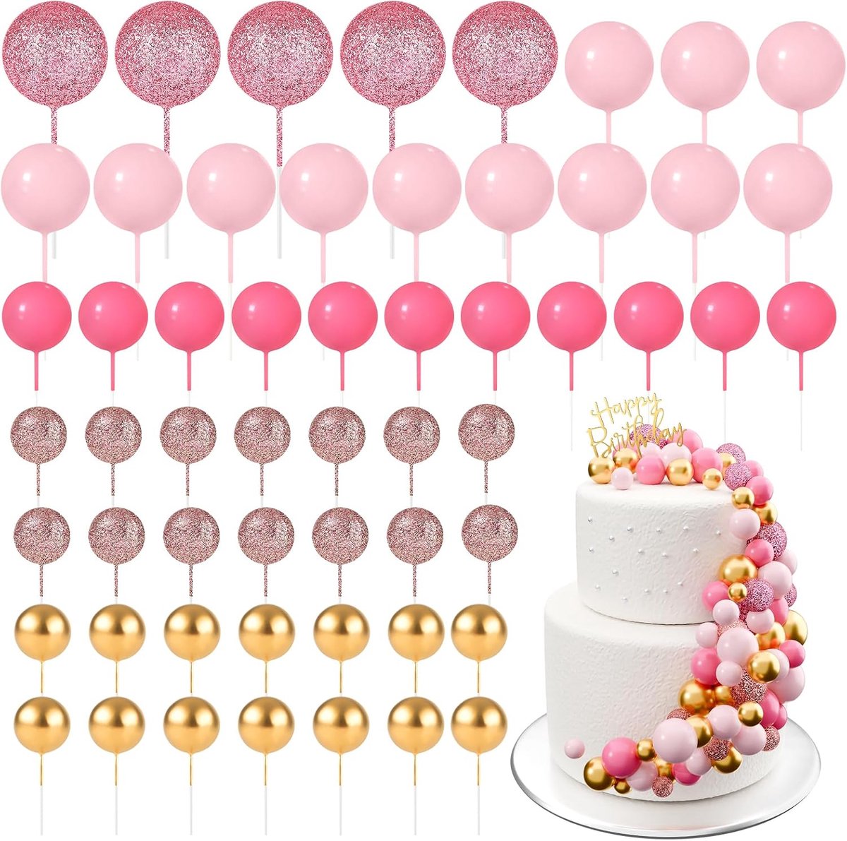 60 stuks, taarttoppers, mini-ballonnen, verjaardag, feest, babyshower (glitter roze serie)