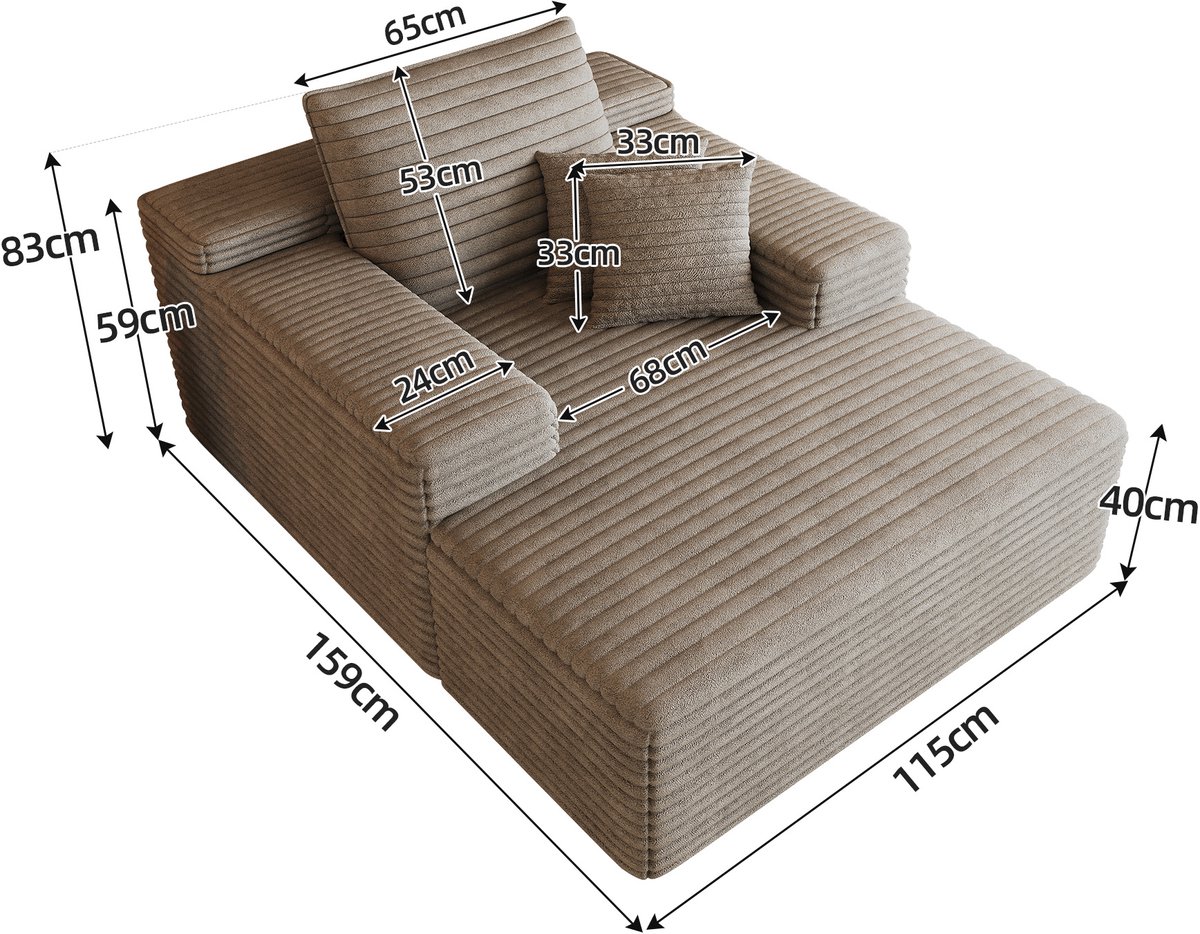 MIVRAY Chaise Longue 115 x 159 cm - Comfortabele Ribstof Loungebank Met Diepe Zit - Voor Woonkamer En Slaapkamer - Camel