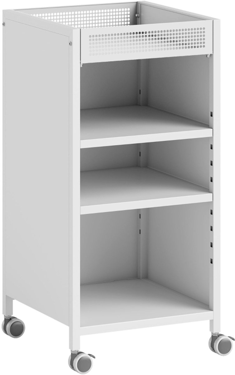 Verrijdbaar boekenrek, 35×34×69,5 cm, wit, metaal, opbergwagen met drie niveaus, opbergkast, badkamermeubel, keukenrek, verstelbare planken, met opbergmand bovenaan, verrijdbaar op vier wielen, geschikt voor kantoren, studeerkamers en eetkamers.