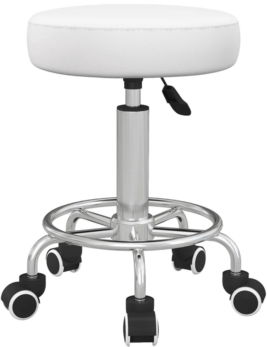 Zadelkruk op Wielen - Zadelstoel - Kapperskruk - Tabouret - 360° Draaibaar - In Hoogte Verstelbaar - Salonstoel - Kruk Stoel - Werkkruk - voor Kantoor, Salon, Massage, Spa - Kunstleer - Wit