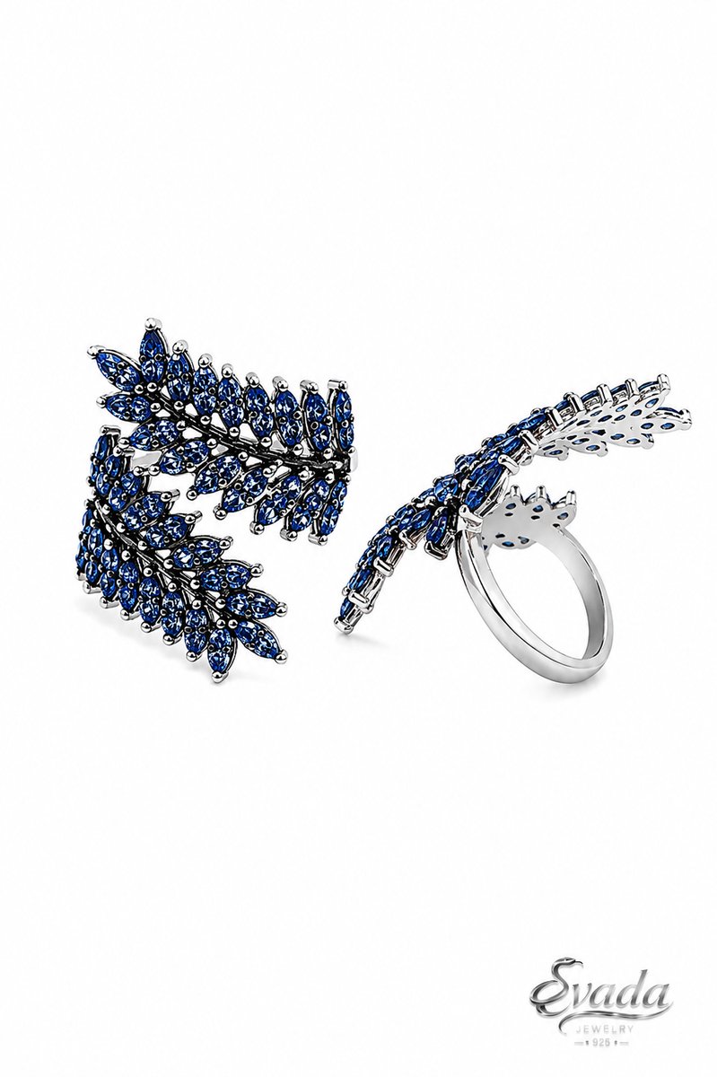 925 Sterling Zilver Ring met Blauwe Stenen – Blad Design – Verstelbare Statement Ring – Vintage Damesring – EVADA