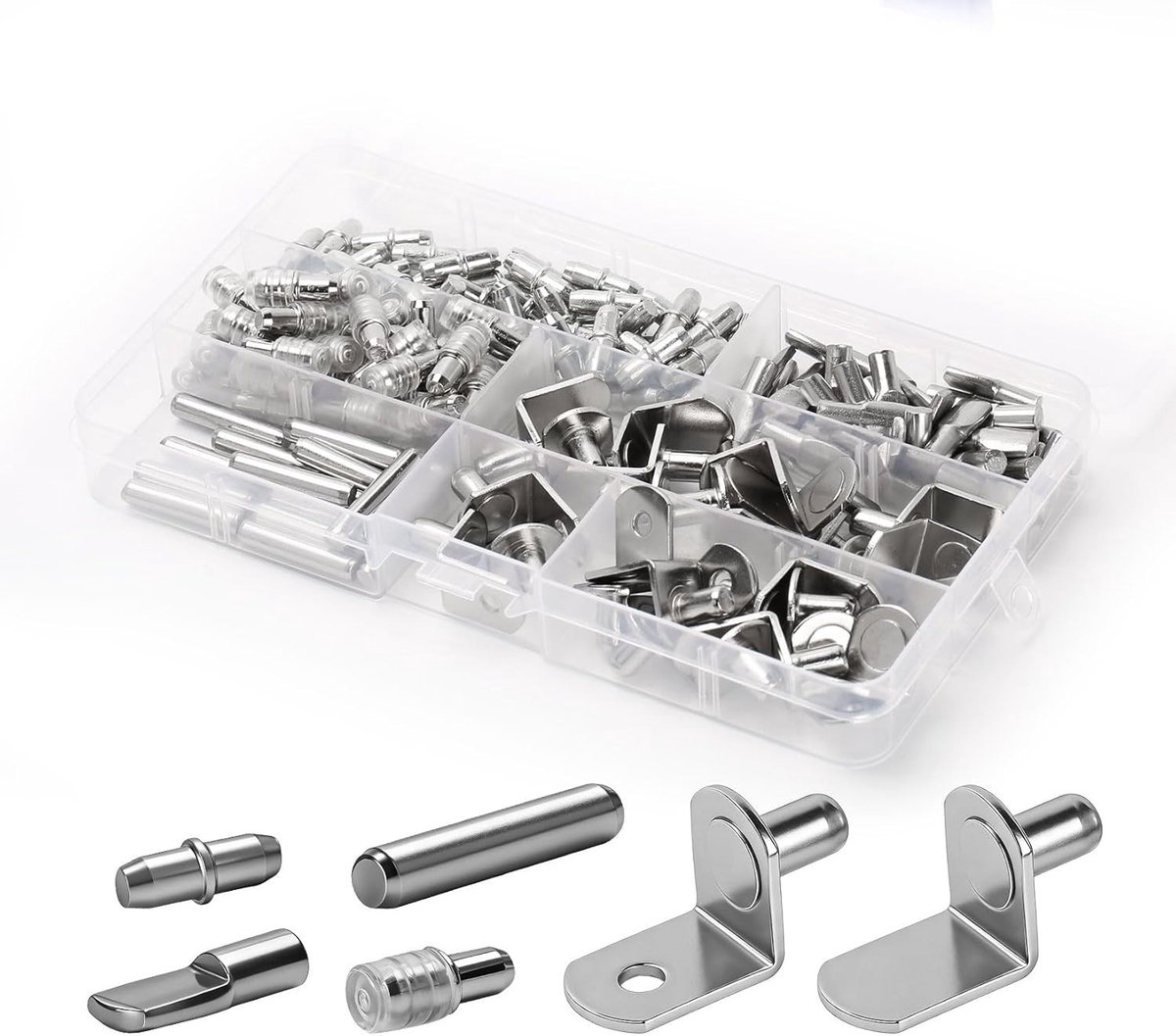 SnelShoppen - 170 stuks Plankhouders, Plankdragers, Steunpennen voor Meubelkasten, 6 Stijlen, Hoogwaardig RVS, 5 mm/6 mm, Kras- en Corrosiebestendig,
