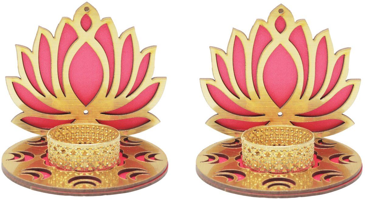 Set van 2 Decoratieve Lotus Theelichthouders - MDF Houten Kaarsenstandaards met Lotusdesign - Traditionele Feestdecoratie voor Verlichting, Bruiloft & Woondecoratie - Zonder Wax - 4 inch - Roze & Goud