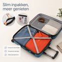 Een open koffer met kleding en een transparante toilettas met toiletartikelen erin.