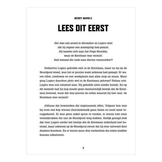 Paginatitel "Lees Dit Eerst" met tekst over Logico en de Kerstman.