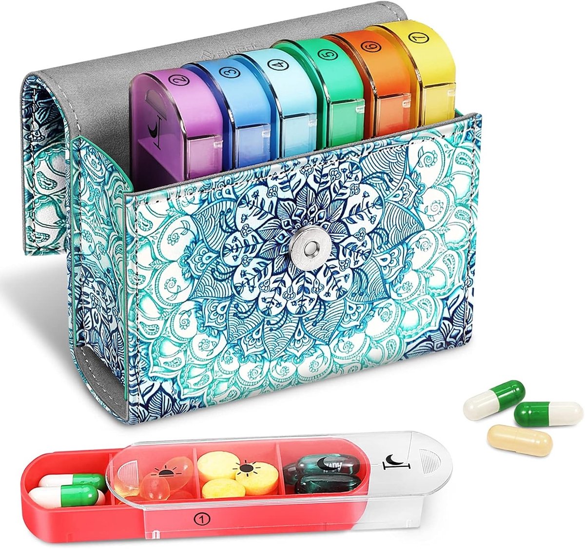 Tablet Box voor 7 Dagen met 4 Compartimenten - Pillendoos voor 4 Keer per Dag met Neplederen Tas en Naamkaart voor Vitaminen en Visolie in Emerald Blauw