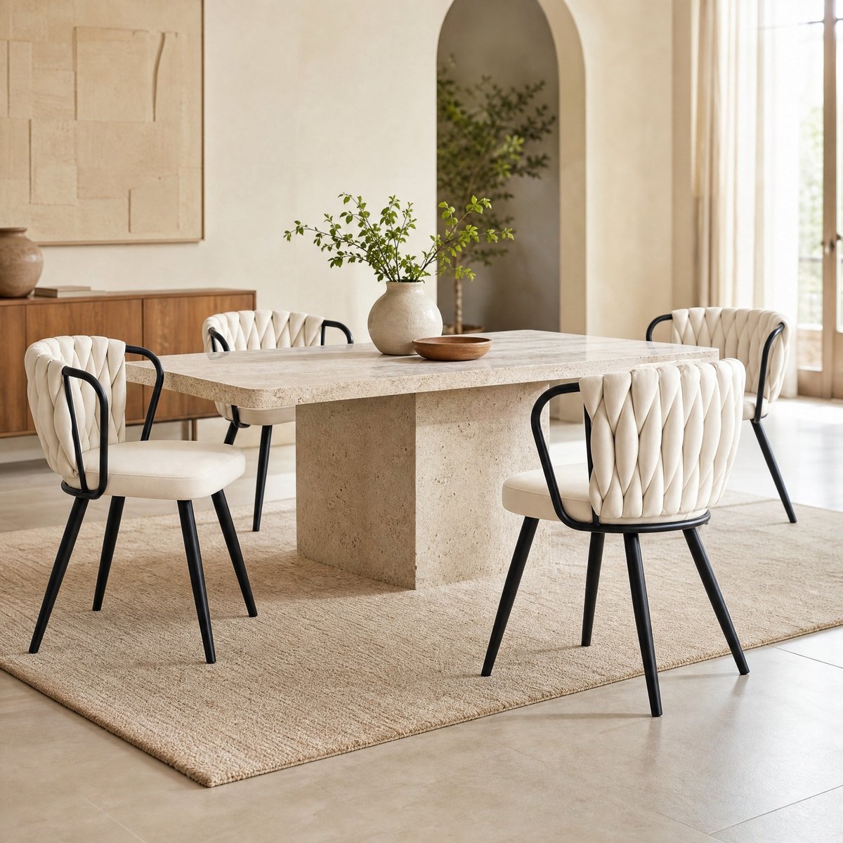 MODENUIT Eetkamerstoel 43 x 58 x 76 cm - Geweven Rugleuning - Voor Eetkamer En Keuken - Velvet - Beige Zwart