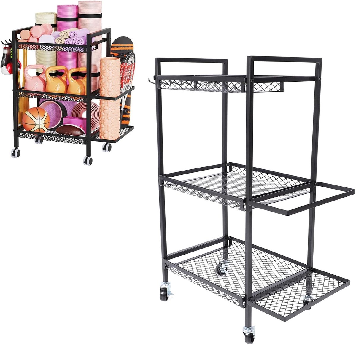 SnelShoppen - Multifunctionele Dumbbell Houder met Wielen en Dumbbell Haken - Mobiele Yoga Mat Stand voor Thuis Gym - Ruimtebesparend en Praktisch