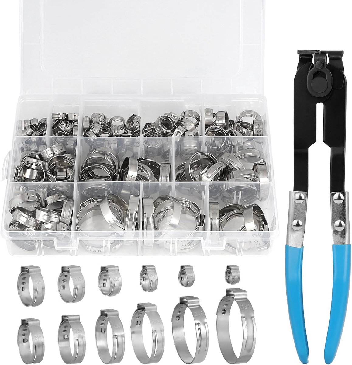 SnelShoppen - RVS Slangklemmen 304 Metaal Slangklemmen 12 Maten 5,8 - 33,1 mm Gas Slang Tangen Water Klemmen, 150 Stuks