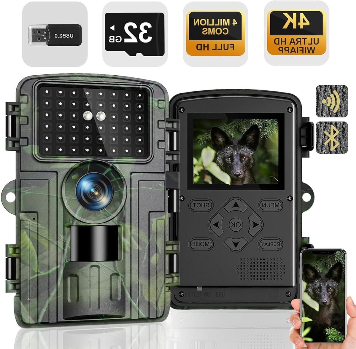 Wildcamera - Natuurcamera Trailcam - Dieren Observeren - 4K Video 60MP Foto - 32GB Geheugen - Bruin