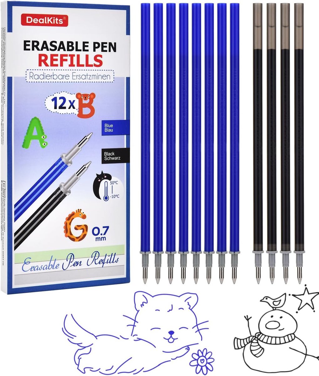 DealKits 12 Pieces Erasable Refill Cartridges (8× Blue + 4× Black) – Item: 0.7mm Length: 13cm - ShopVlot