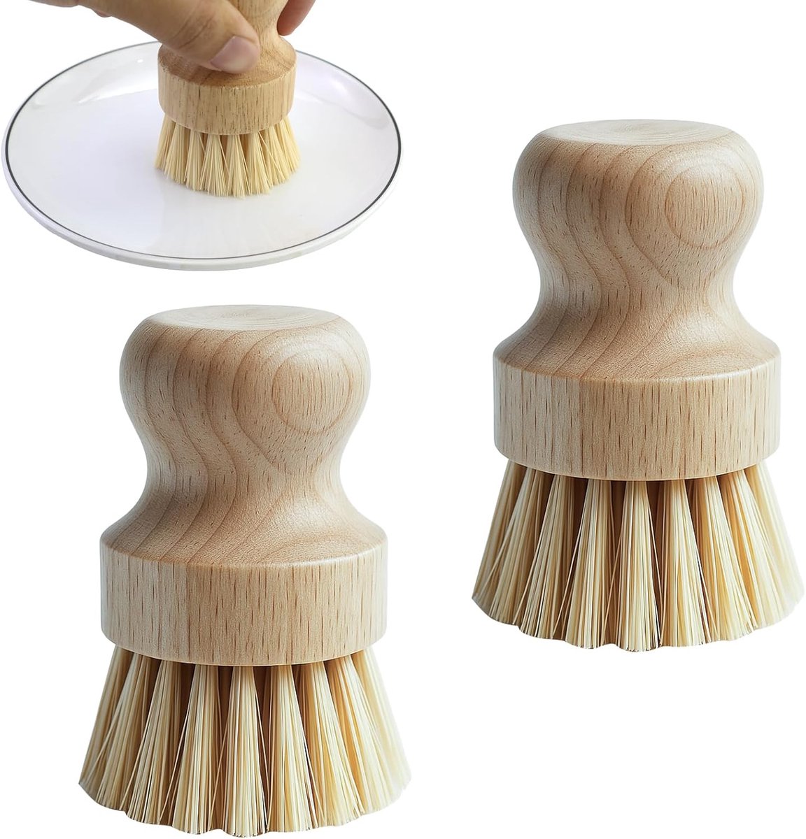 SnelShoppen - 2 Stuks Groenteborstels, Houten Ronde Champignonborstel, Afwasborstel voor Pannen, Potten, Keuken, Milieuvriendelijk, 8 x 70 cm