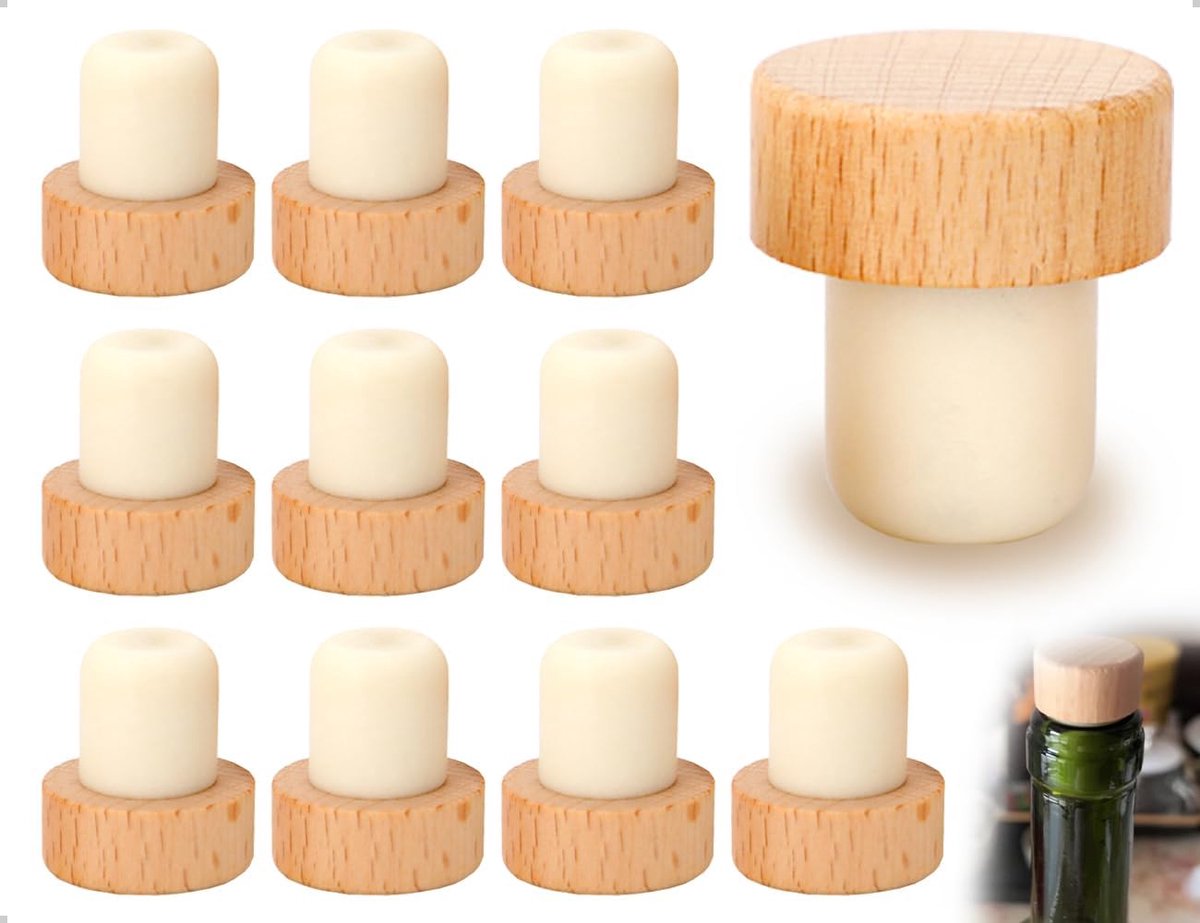 SnelShoppen - Set van 10 Houten Wijnflesdoppen met T-Handvat, Flessenstopper voor Wijn, Ideaal voor Bars en Restaurants, Bewaar de Versheid van Wijn