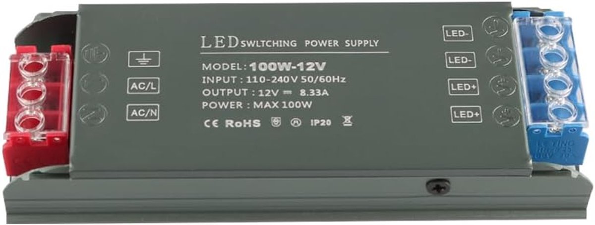 SnelShoppen - Ultra Dunne 220V naar 12V Transformator 100W Voeding - 8.3A Laagspanning Voedingsadapter met Aluminium Behuizing en Koelgaten