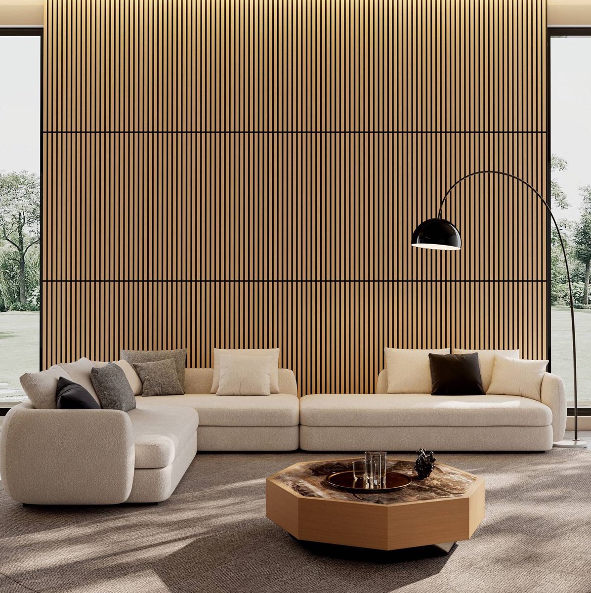 REDOM - Wandpaneel - Akoestisch - 3D lattenstructuur - Geluidsabsorberend - Moderne stijl - Voor binnen - MDF en polyester - Witte eik - 115 x 60 cm
