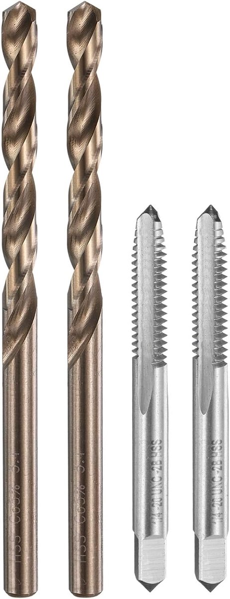 SnelShoppen - Thread Snijdset 4-delig, 2x 1/4-20 UNC Draad Snijden + 2x 5.1mm Spiral Boor, HSS 6542/M35, Ungecoat, Rood Geel, Voor Metaalbewerking en