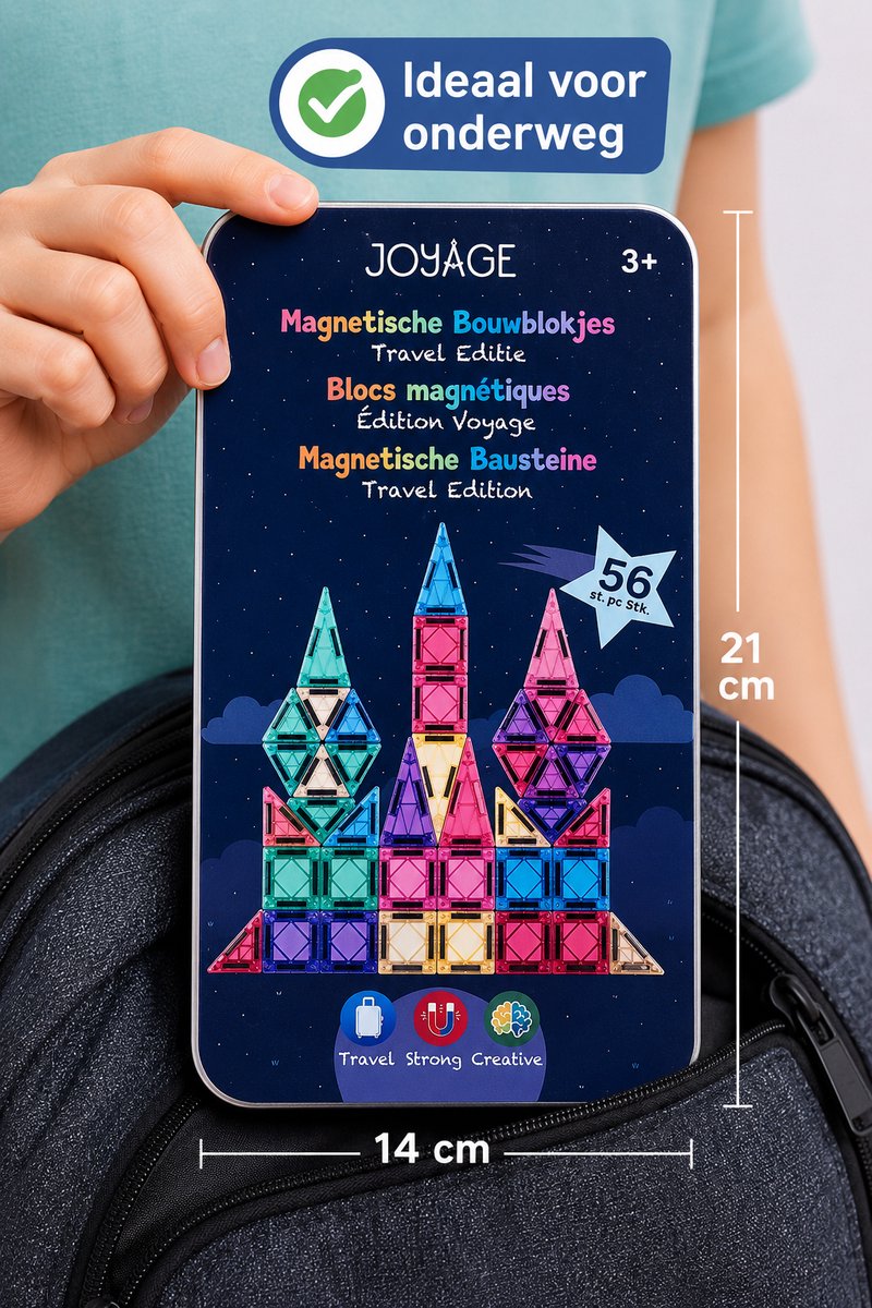 Joyage Mini magnetic tiles Travel set - 56 stuks - Magnetische tegels Reisset - Reisspeelgoed Magnetisch bouwspeelgoed - Magnetisch speelgoed voor onderweg Montessori Speelgoed voor in de auto in het vliegtuig Magna Magneten speelgoed jongens meisjes — cadeau in Spellen & Speelgoed - foto 4