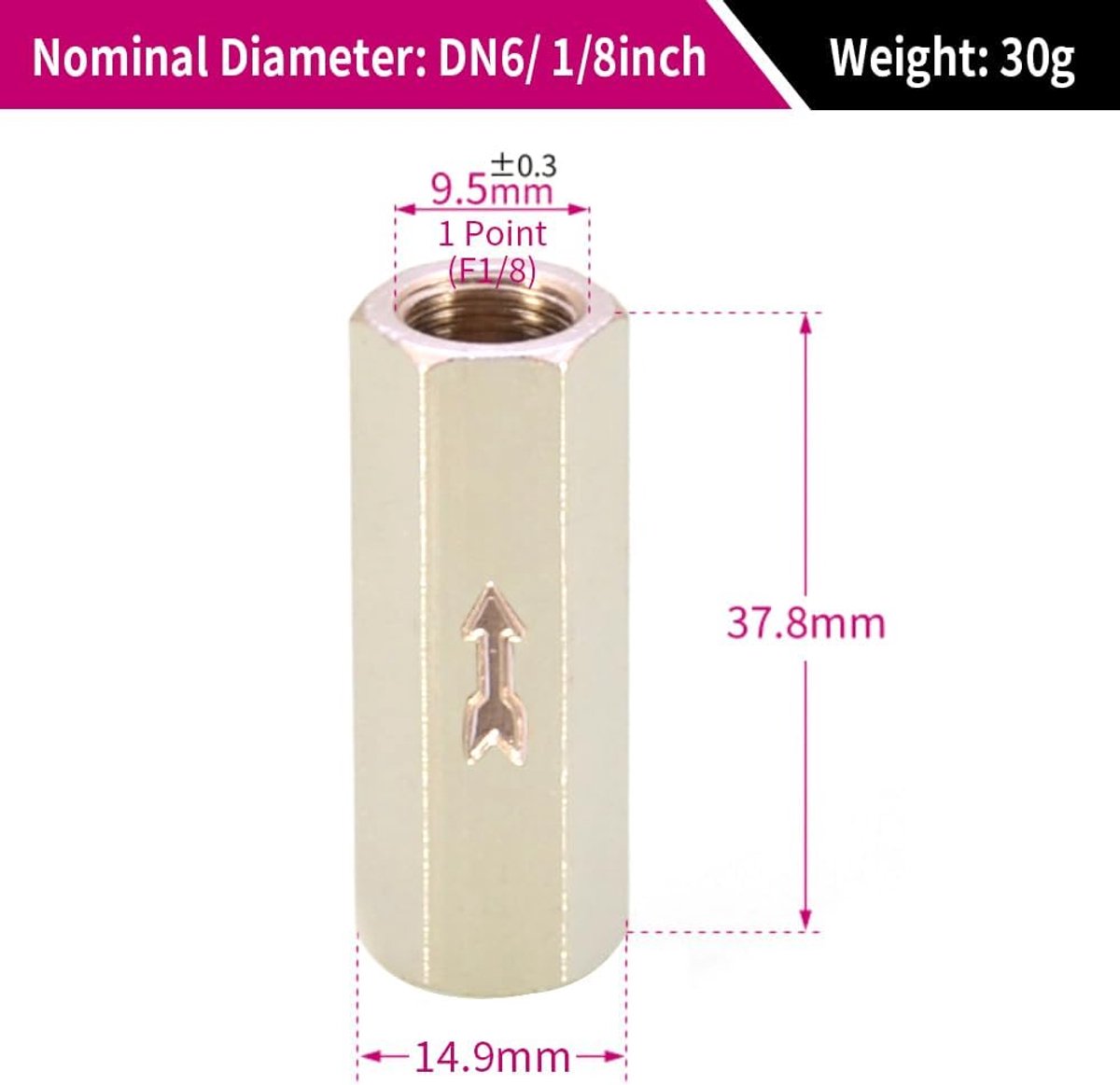 SnelShoppen - Terugslagklep Messing 6mm 34mm - Pneumatische Enkele Manier Terugslagklep - Compact Ontwerp - Eenvoudige Installatie - Hoge Sterkte