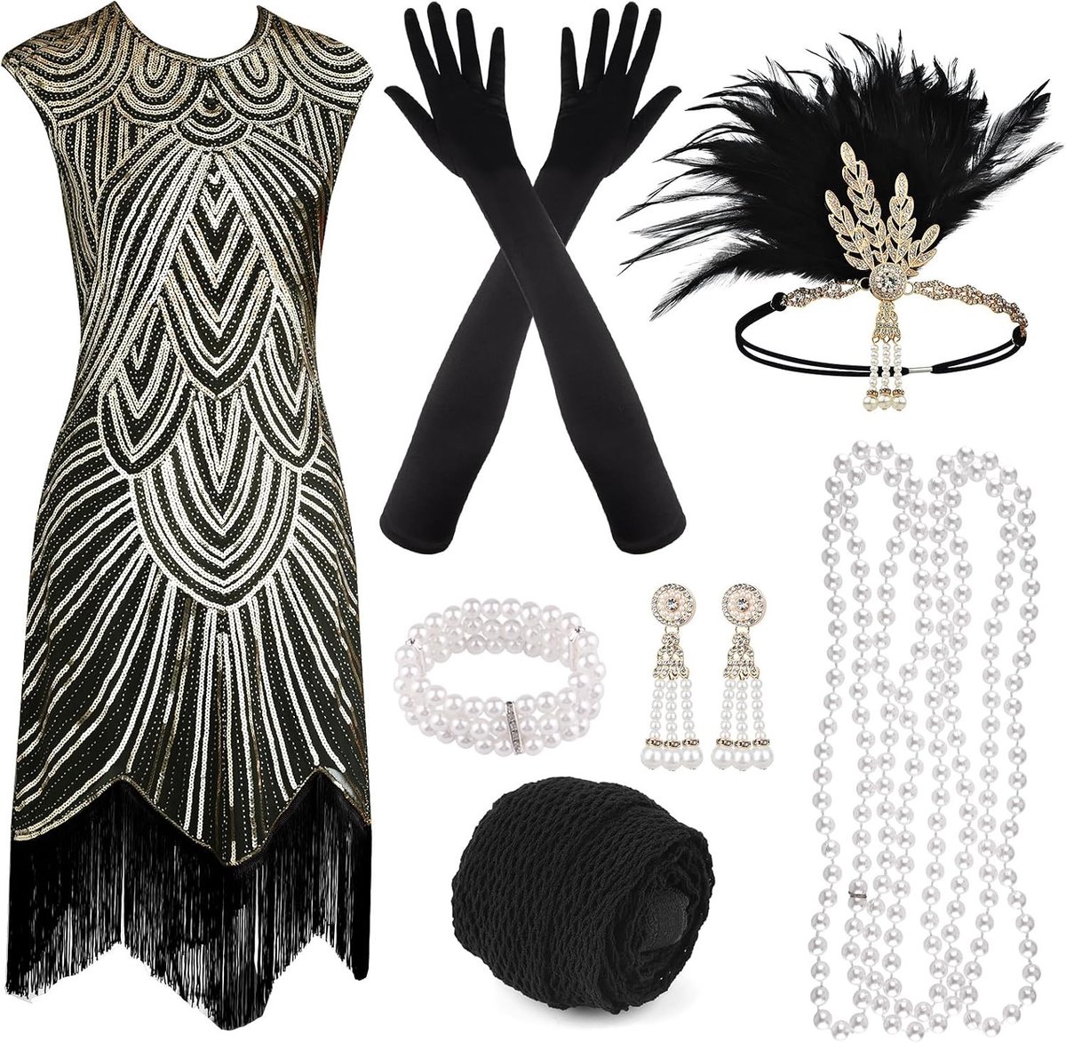 1920s Flapper Jurk met Pailletten en Franje, Compleet met Accessoires Set voor Roaring 20s Kostuums, Inclusief Hoofdband, Ketting en Handschoenen voor Vrouwen