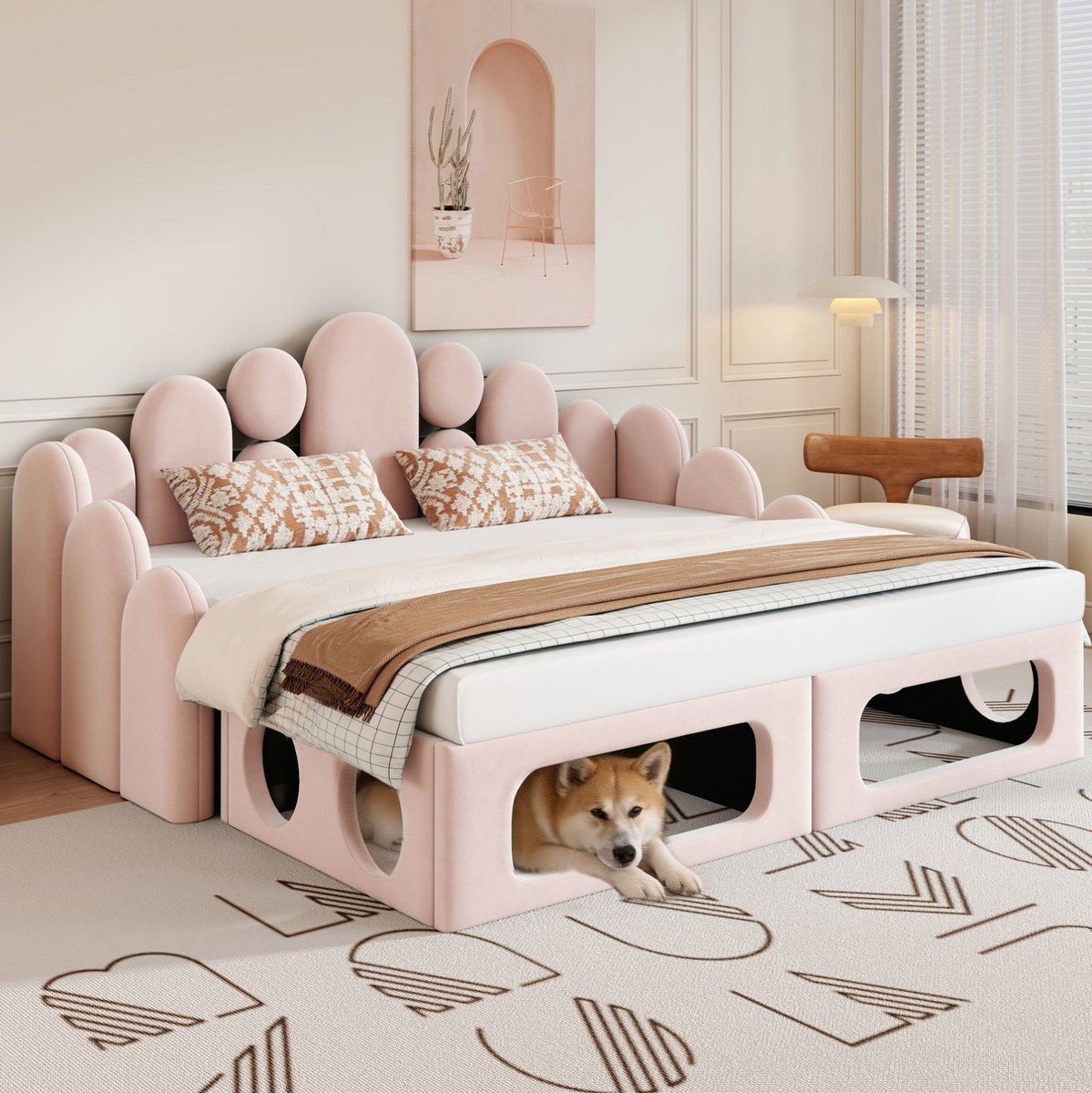 REDOM- Slaapbank - 2-in-1 multifunctioneel - Lattenbodem - Huisdierbed - Moderne stijl - Woonkamer en slaapkamer - Stof - Roze - 180 x 200 cm