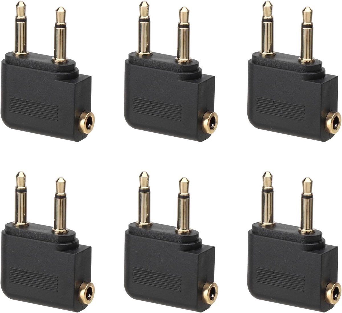 SnelShoppen - Set van 6 Vliegtuigadapter Hoofdtelefoon met Dubbele 3.5mm Aansluiting, Goudgeplated, HD Geluidskwaliteit voor Reizen, Films en Muziek
