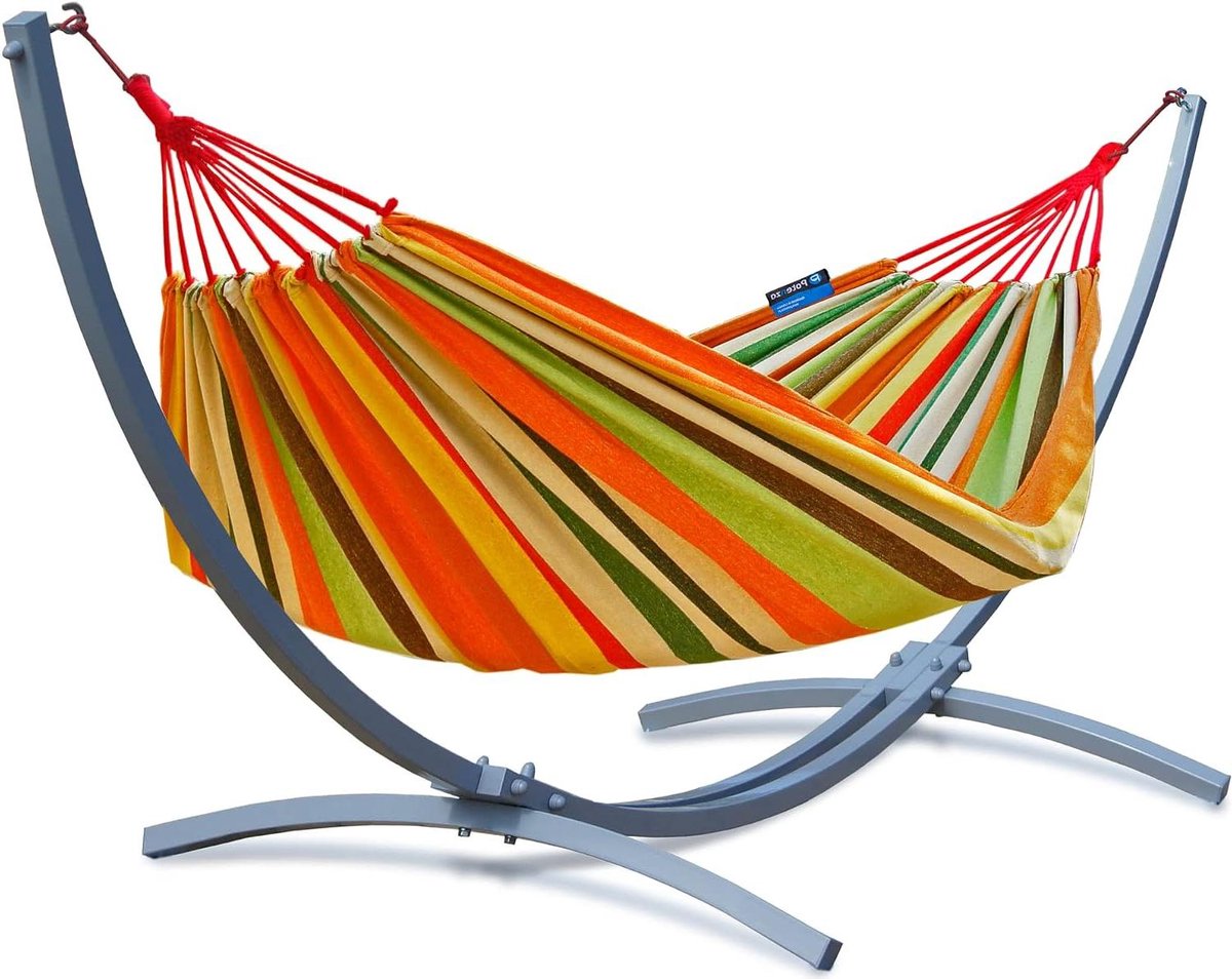 Hangmat met standaard - XXL hangmat - Ontspannen in tuin - Stabiel metalen frame - 2 persoons - Oranje grafiet