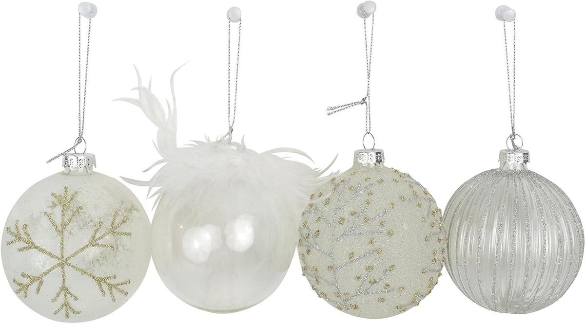 Kerstballen Set - Kerstdecoratie Ballen - Kerstboom Versieren - Echte Glas Decoratie - 8 cm - Zilver Wit