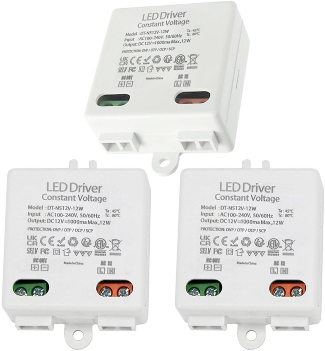 SnelShoppen - 3 Stuks Mini LED Transformer 12V/DC 12W - Compacte Voeding voor LED Verlichting - Geen Flikkering - Eenvoudige Installatie - Geschikt vo
