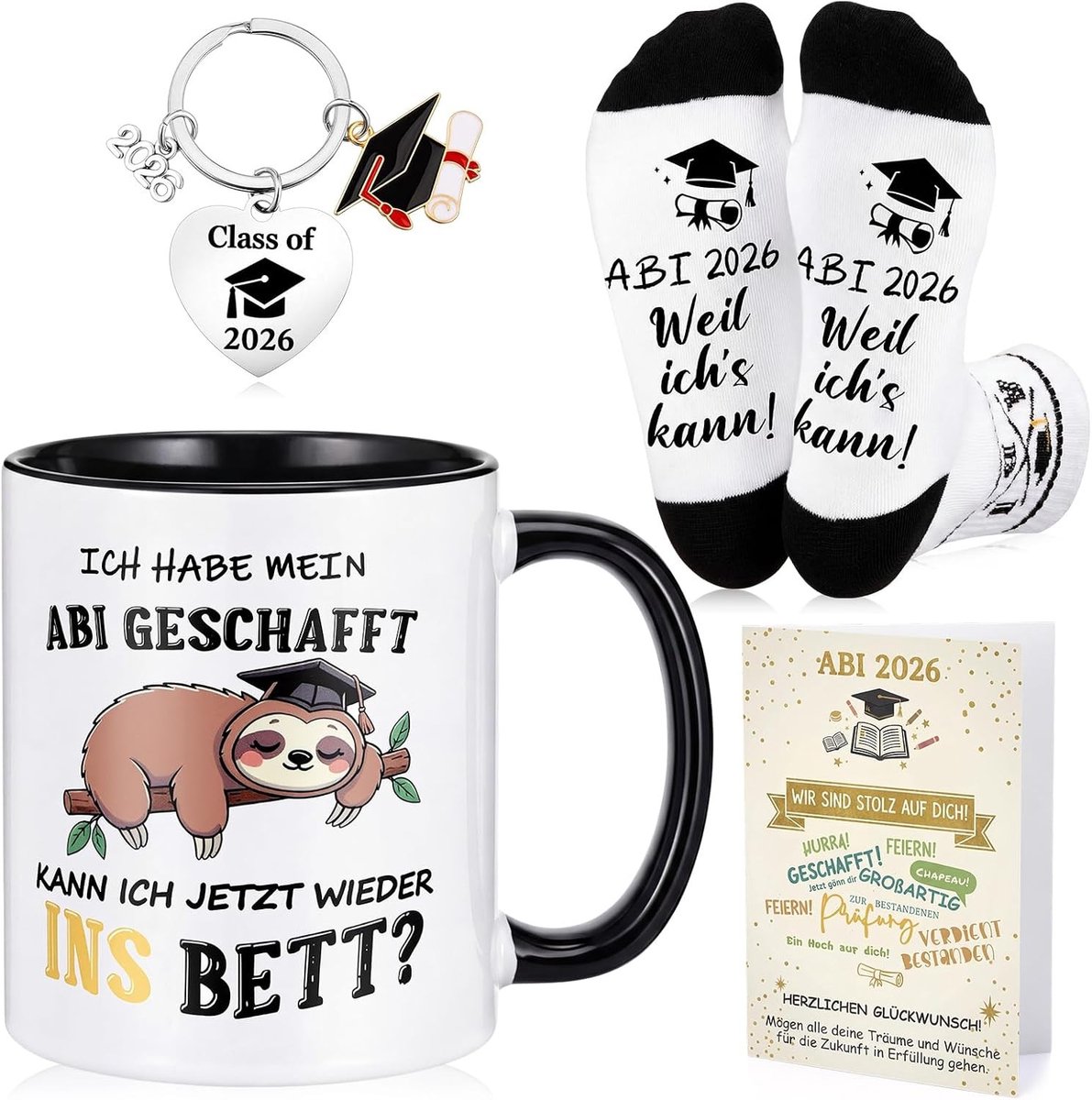Afstudeercadeau met Mok, Luiaardprint, Sokken, Sleutelhangertje en Wenskaarten voor Studenten en Vrienden, Perfect voor Geslaagde Examens en Feestelijke Gelegenheden