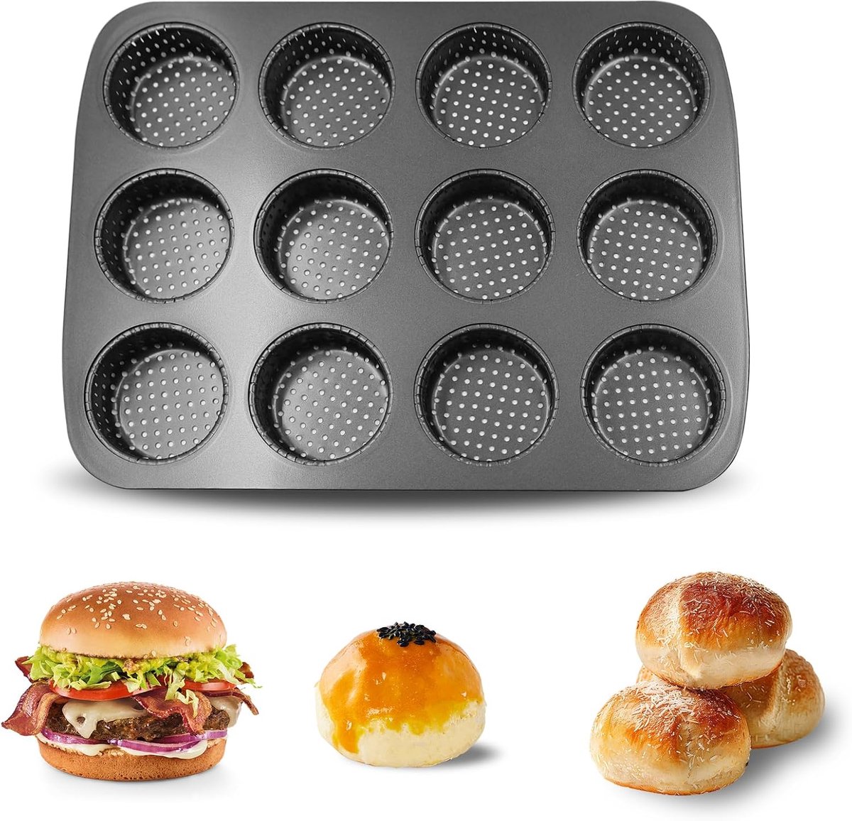 SnelShoppen - Hamburger Bun Pan Burger Plate, 12 Cups, Anti-aanbak Carbon Staal, Voor Zelfgemaakte Hamburger Broodjes, Keuken Accessoire, Perfect voor