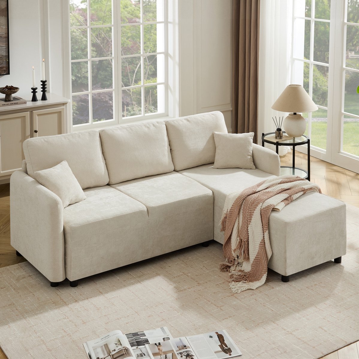 MIVRAY Hoekbank 3-Zits 187,5 x 144 x 85,5 cm - L-Vorm Met 2 Kussens - Voor Woonkamer En Studentenwoning - Chenille Lichtbeige