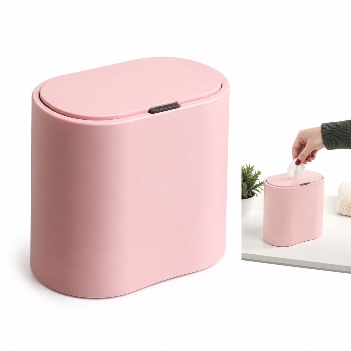 VHV - Mini prullenbak 2 liter met drukdeksel - Tafelafvalbakje 22,5 x 11,2 x 12,5 cm - Roze - Voor bureau, auto en badkamer