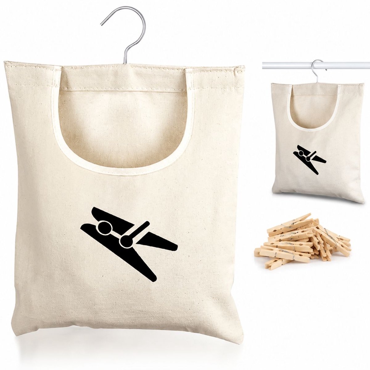 VHV - Wasknijperzak met RVS haak - Canvas opbergtas 30 x 26 cm voor circa 100 wasknijpers - Zwart - Voor binnen en buiten