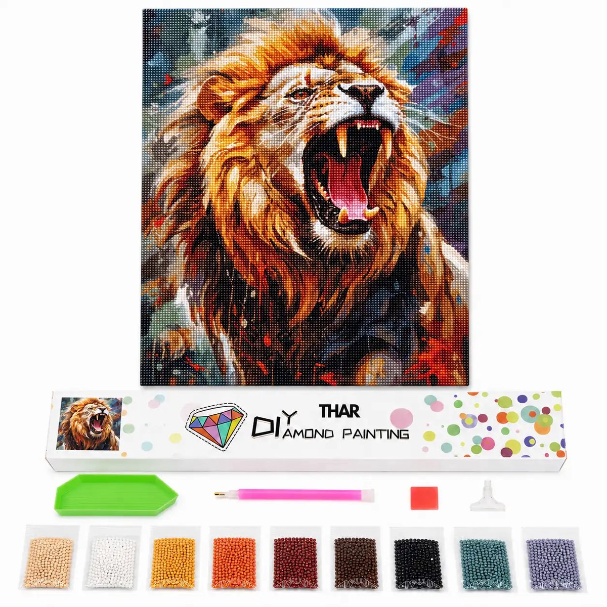 THAR Diamond Painting Brullende Leeuw - 40x50 cm - Ronde Steentjes