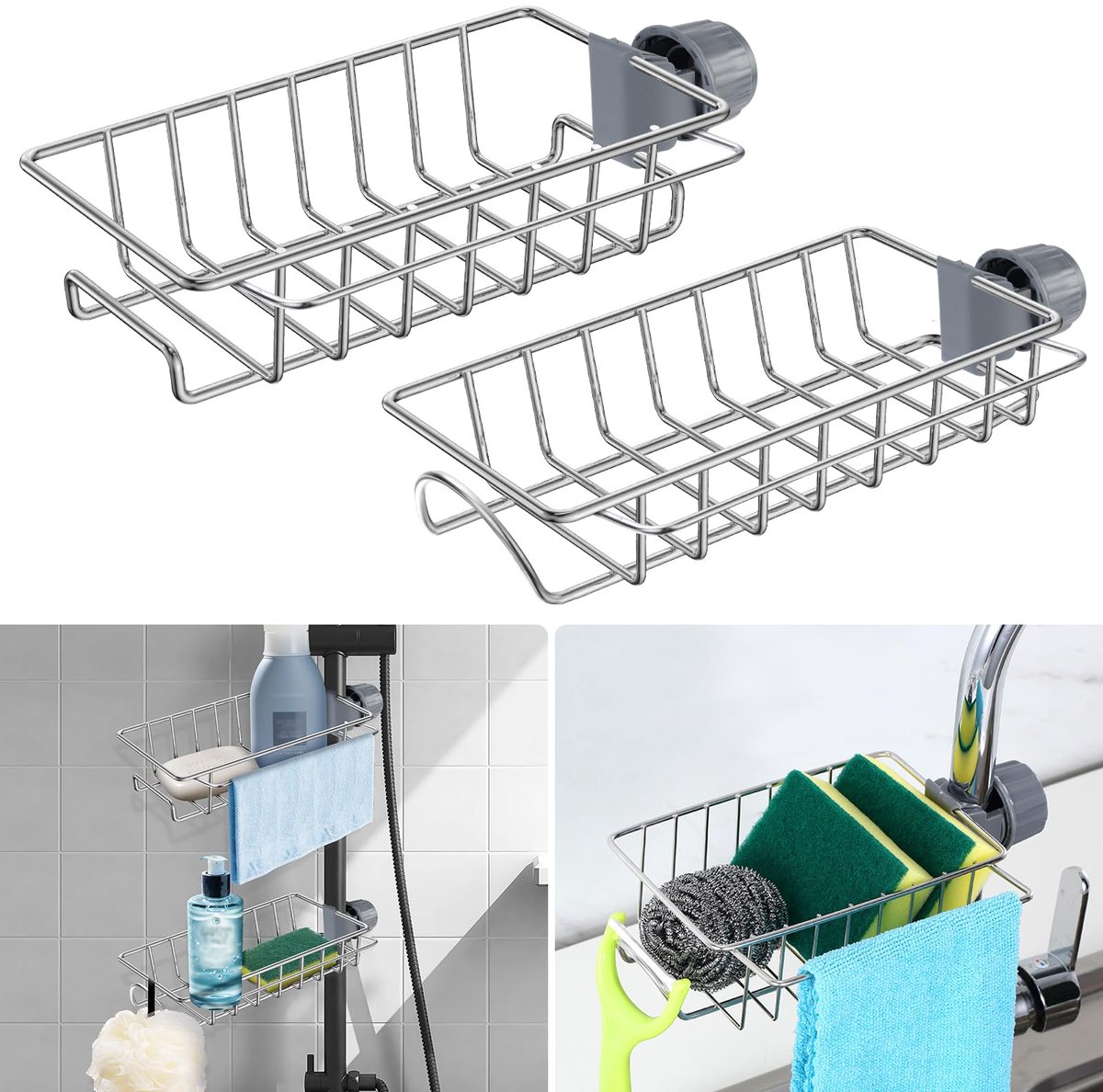 longziming -2 Stuks Spoelbak Organizer – RVS Sponshouder met Handdoekhouder – Draaibare Keuken Opbergrek Zonder Boren – Voor Kraan en Douchestang – Roestvrij en Ruimtebesparend