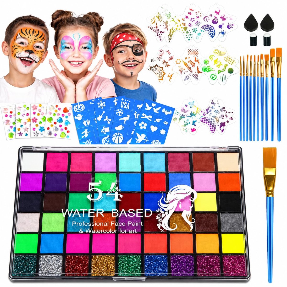 Kinderschminke Set 54 Kleuren Op Waterbasis - Gezicht & Lichaamsverf - Met Penselen, Sjablonen En Sierstickers - Halloween Carnaval Cosplay