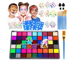 Kinderschminke Set 54 Kleuren Op Waterbasis - Gezicht & Lichaamsverf - Met Penselen, Sjablonen En Sierstickers - Halloween Carnaval Cosplay