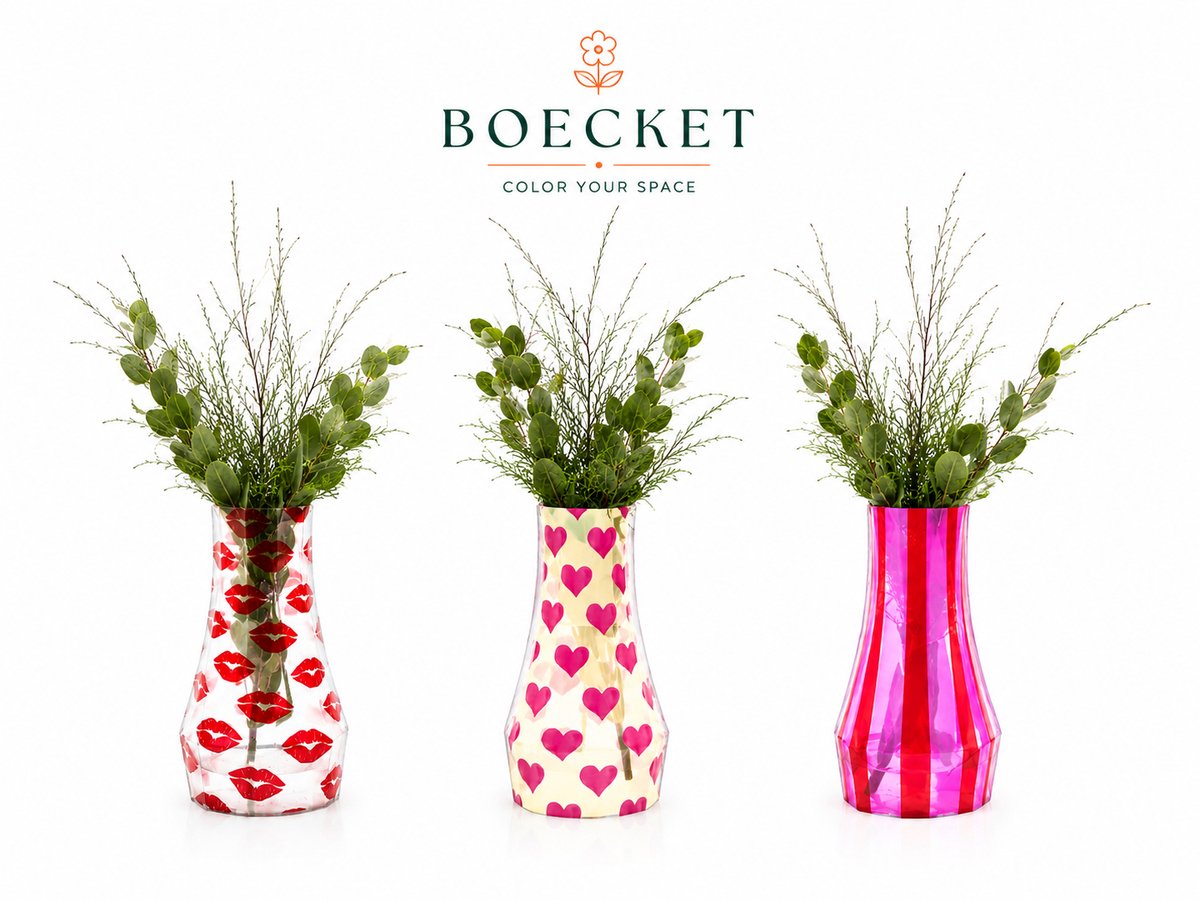 BOECKET Opvouwbare Vaas Set van 3 - Roze Design Vazen - Lippen, Hartjes & Strepen - Bloemenvaas