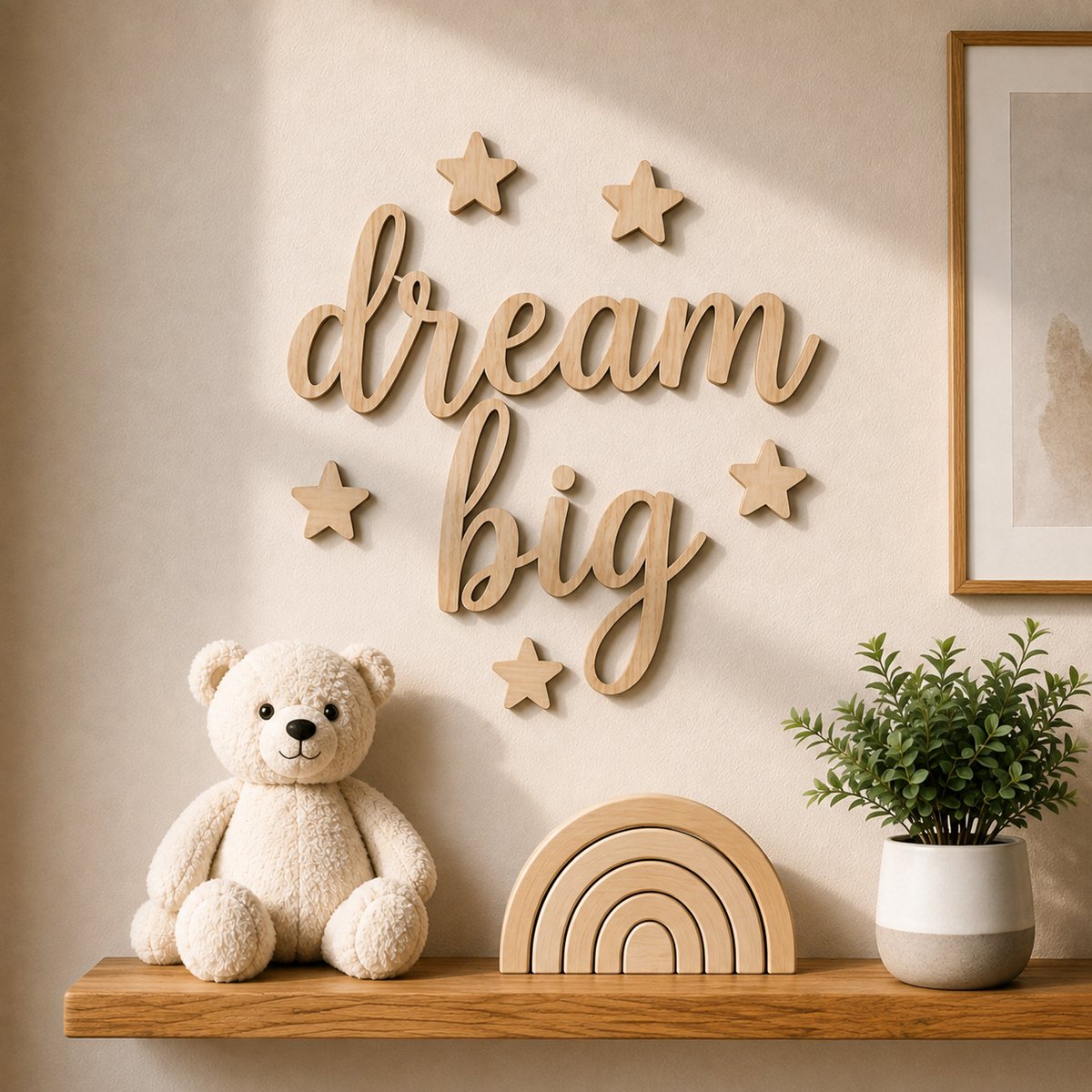 Houten Muurdecoratie "Dream Big" – 40 x 40 cm – 5 mm Multiplex – Kinderkamer Wanddecoratie met Sterren – Natuurlijk Hout/ baby