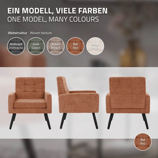 Drie weergaven van een oranje fauteuil met armleuningen en zwarte poten. Kleuropties getoond: antraciet, groen, bruin, rood, beige.