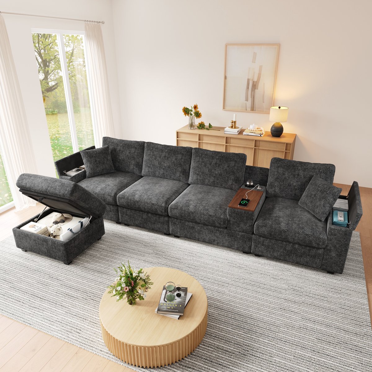 Sofa - Modulair L-vormig 5-zits met ottoman, opbergruimte, USB/Type-C, drinkhouders & 360° draaibare bijzettafel - 313x147x82 cm - Grijs
