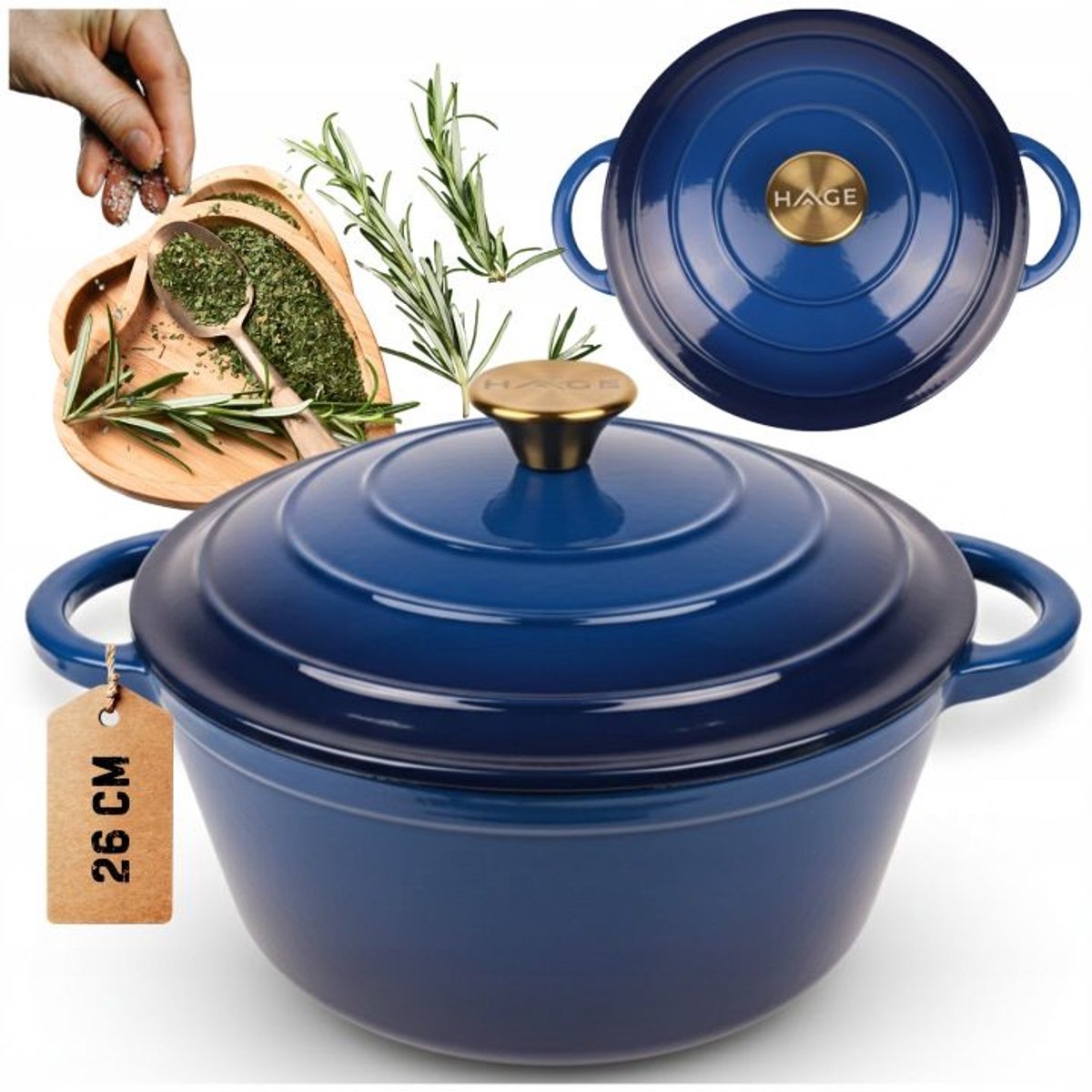 Hage - Braadpan - Geëmailleerde Gietijzeren Braadpan - Casserole - Geschikt voor Inductie, Gas & Oven - Inclusief Pannenonderzetter & Handgreepbeschermers - 5 Liter - Ø26 x 18 cm - Blauw