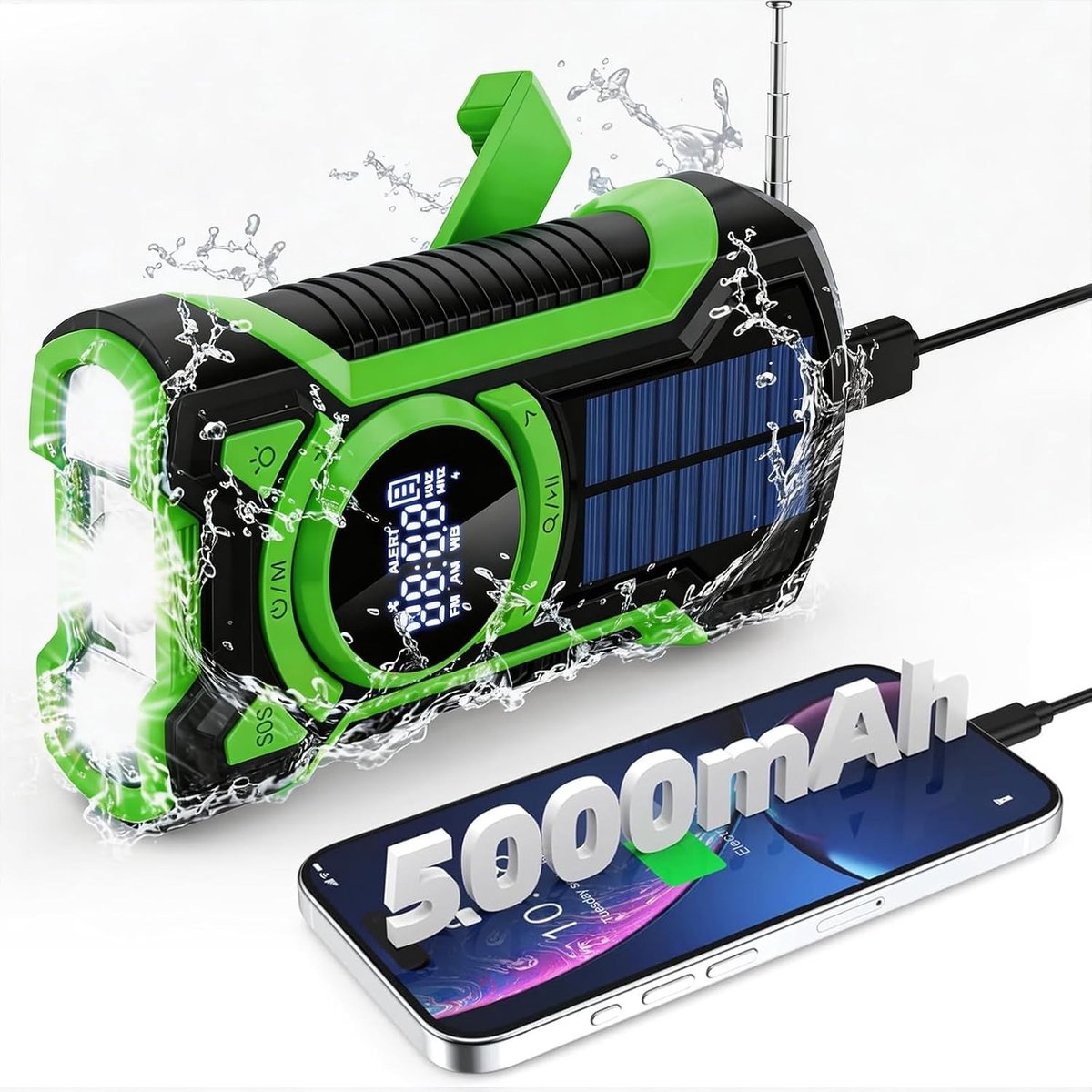SnelShoppen - Draagbare Radio met Bluetooth Speaker, AM/FM, Oplaadbaar met 5000mAh Powerbank, SOS Alarm, Zaklamp, Zonne-energie, Dynamo Crank voor Cam