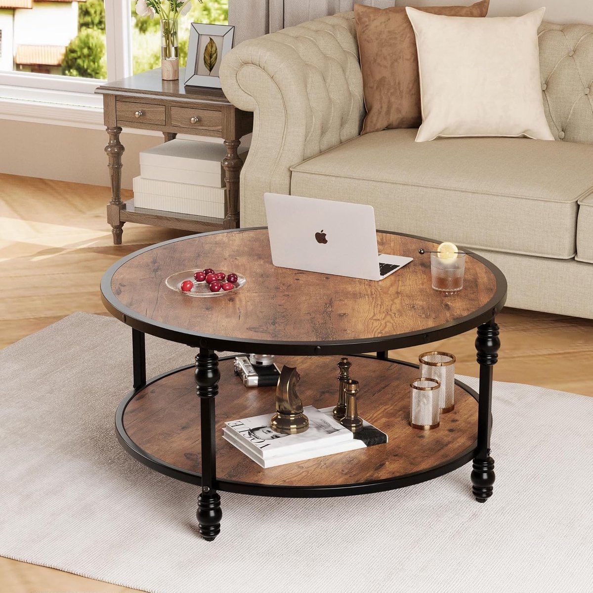 Ronde Salontafel Vintage - 77 cm - Industriële Bijzettafel met 2 Niveaus - Robuuste Kolompoten - Houtlook en Metaal - Voor Woonkamer of Kantoor