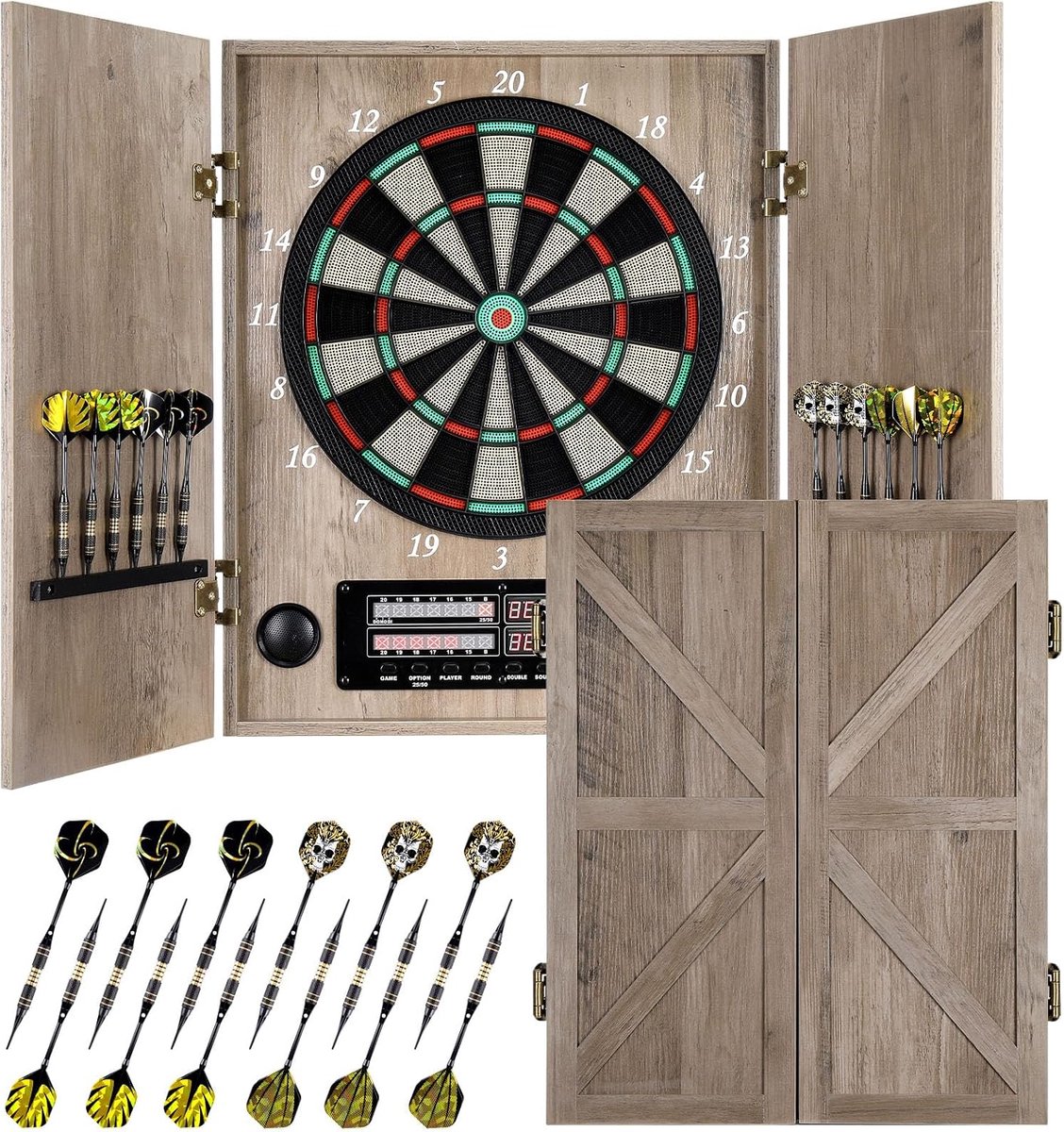 SnelShoppen - Elektronisch Dartbord met Decoratieve Kast, 12 Bronzen Soft Tip Pijlen, Professioneel E-Dart Bord met Retro Houten Deuren voor Feest en