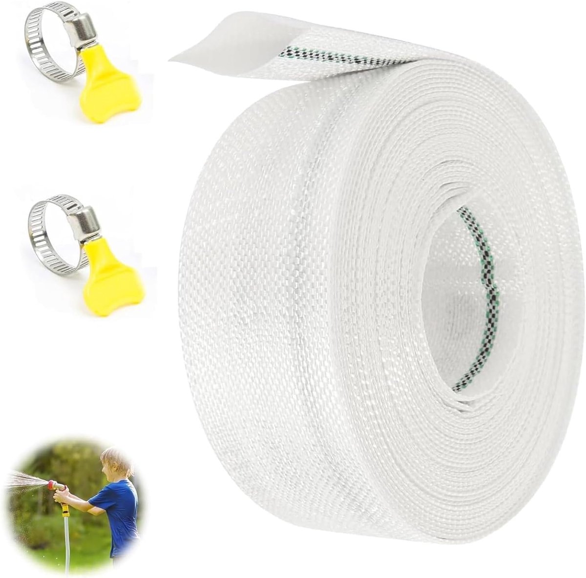 SnelShoppen - Woven Tuinslang 32 mm, 10 m, Platte Afvoerslang, Pompenslang met 2 RVS Slangklemmen, Industriele Tuinslang voor Tuin, Landbouw, Industri