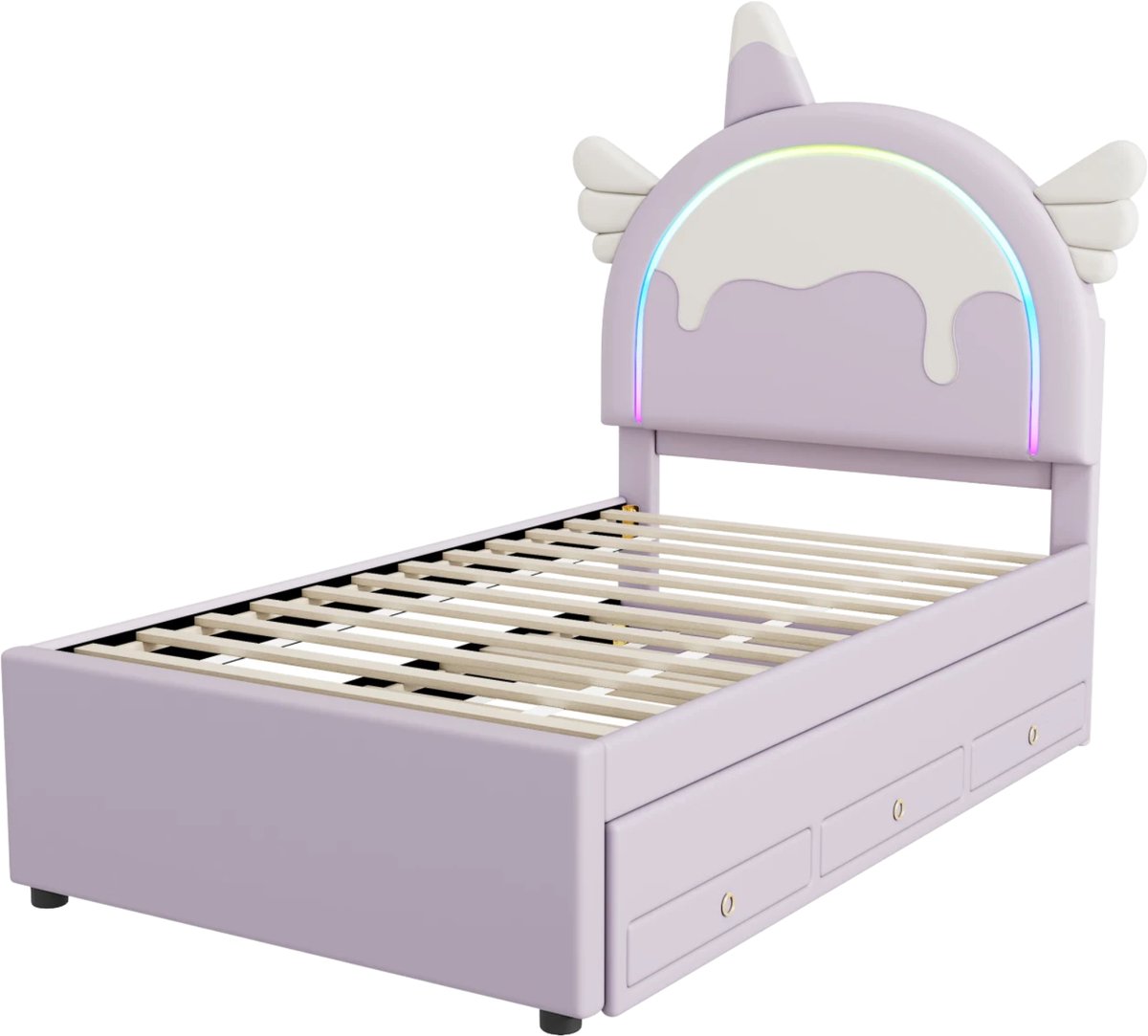 Kinderbed Slaapbank 90x200 cm Paars – Eenhoorn Bed met Uitschuifbed en 3 Opberglades