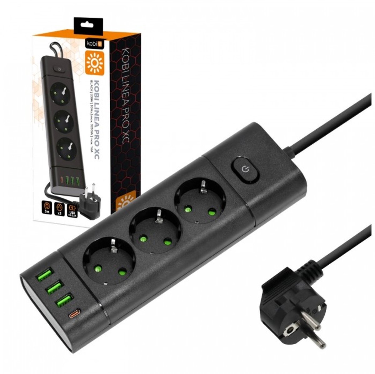 Kobi LINEA PRO XC stekkerdoos met 3 stopcontacten - 3x USB-A en USB-C - 3 meter - zwart | Max 3250 watt