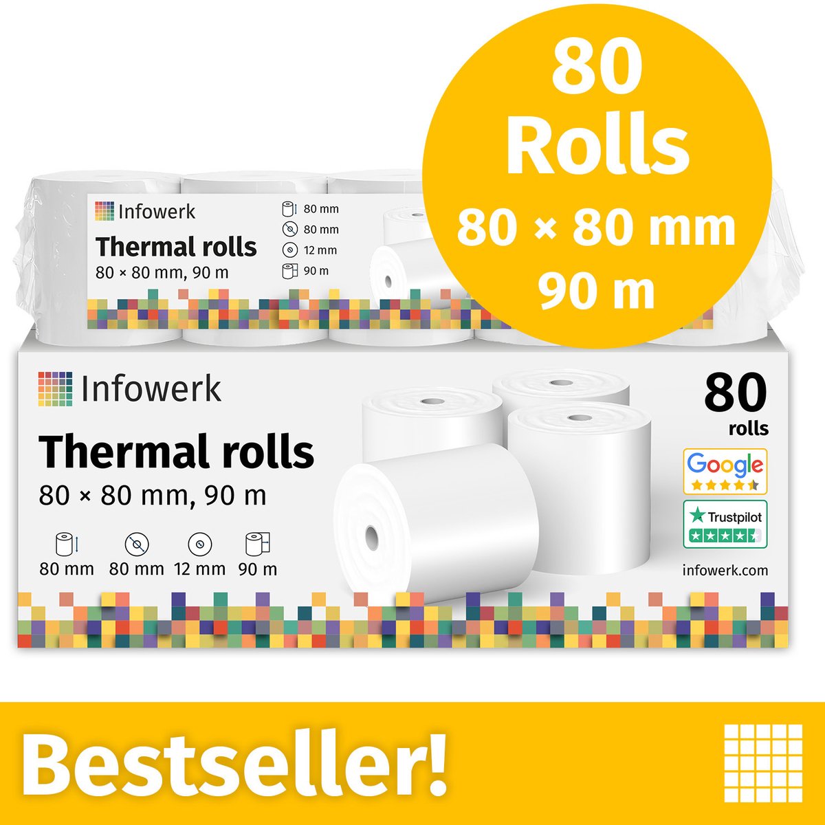 NIEUW: Infowerk Thermische Rollen / Kassarollen, 80 Rollen, 80mm x 80mm x 12mm, 90m, Testwinnaar, PEFC-gecertificeerd, voor EPSON, IBM e.a.