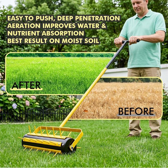 Grasbeluchter Handmatig - Gazonrol Verticuteerder - Gazon Onderhoud - Vulbare Trommel - 146 x 40 cm - Zwart Geel — afbeelding 3